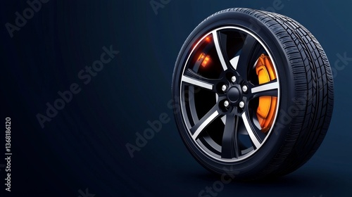 Stylish black alloy wheel with a vibrant orange brake caliper on a dark background