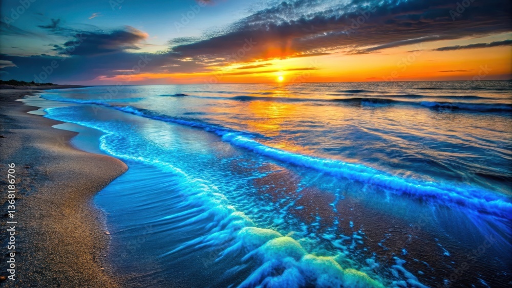 Obraz premium Luminous Algae Bloom on Sandy Beach at Sunset, glowing blue algae