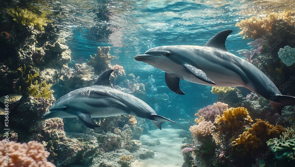 Fototapeta premium Dolphins Swimming Underwater in Coral Reef Sunlight Ocean Wildlife