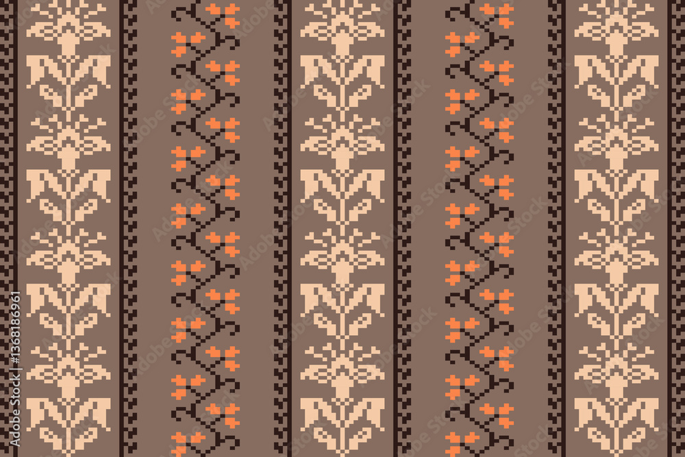 Tribal motif on geometic background.Colorful geometric embroidery traditional ethnic pixel art pattern.Aztec style.Design for texture,fabric,cloting,carpet,knitewar,wrapping,batik,scarf,vector