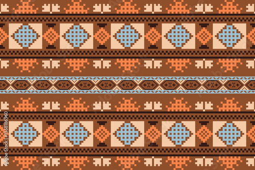 Obraz na płótnie Colorful geometric embroidery traditional ethnic pixel art pattern for background.Aztec style.Design for texture,fabric,cloting,carpet,knitewar,curtains,wrapping,batik,scarf,vector,illustration w salonie