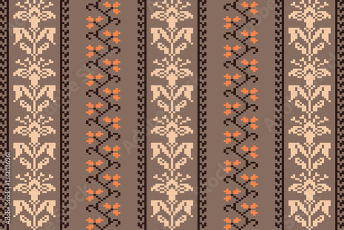 Obraz na płótnie Tribal motif on geometic background.Colorful geometric embroidery traditional ethnic pixel art pattern.Aztec style.Design for texture,fabric,cloting,carpet,knitewar,wrapping,batik,scarf,vector w salonie