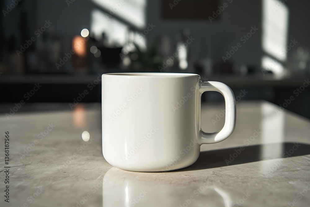 Beverage presentation mockup. Clean white coffee mug on marble table with shadows from window light, perfect for branding, advertising, marketing & promotion. Beverage presentation mockup. Clean white coffee mug on marble table with shadows from window light, perfect for branding, advertising, marketing & promotion.