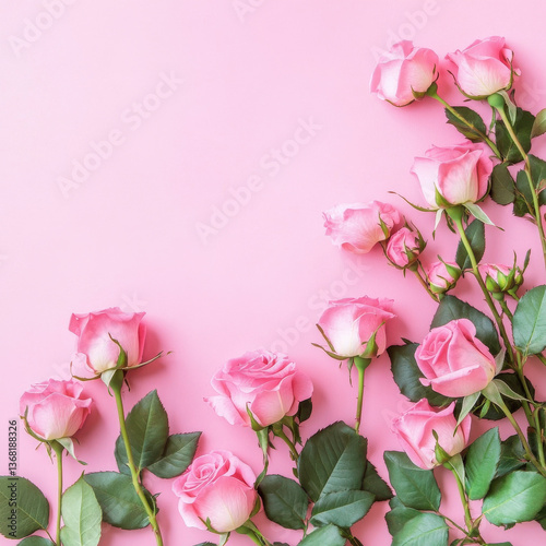 Wallpaper Mural Greeting with freshly pink roses flowerson a pink . Festive banner for birthday, mother's day, March 8, anniversary.Flat lay, top view. Copy space. Mock up. Torontodigital.ca