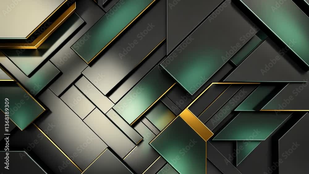 Abstract geometric pattern of interlocking dark gray, teal, and gold shapes.  Intricate, layered design