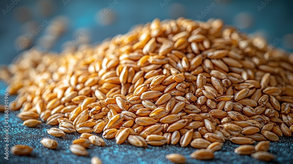 Obraz premium Golden wheat grains displayed beautifully on a soft grey background with green reflections