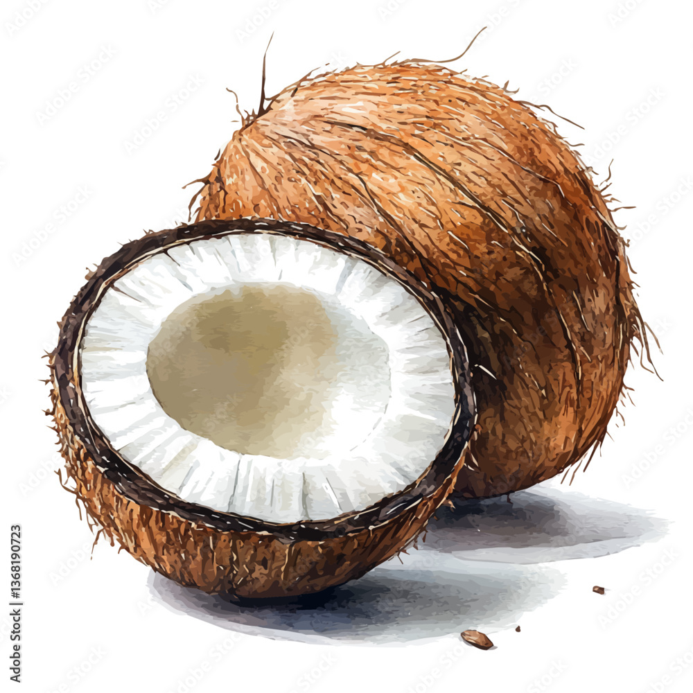 A watercolor of a coconut, isolated on a white background. Coconut vector.
A watercolor of a coconut, isolated on a white background. Coconut vector.