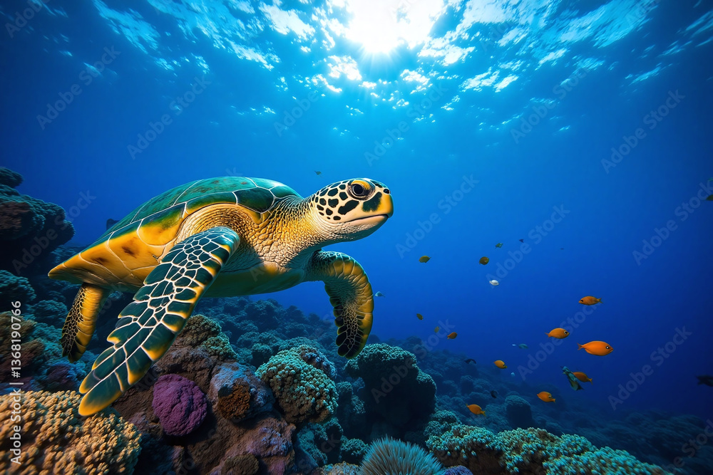 Obraz premium turtle swimming in the ocean surrounded by colorful fish