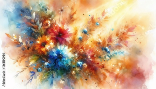 Watercolor painting of a vibrant floral arrangement with a mix of colorful flowers and an abstract, glowing background