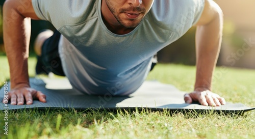 Man in athletic wear performing push-ups on mat outdoors
