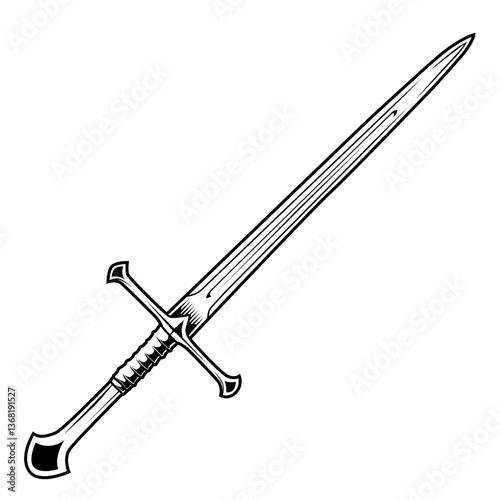 Schwert mit Kreuzgriff in klassischem Design, stilisierte Schwarz-Weiß-Zeichnung.