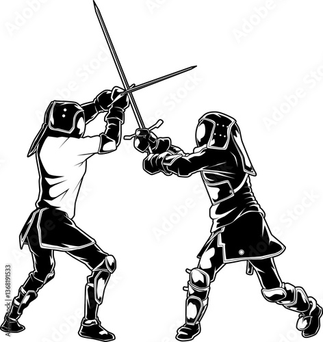 Zwei HEMA-Kämpfer mit Schwertern im Duell, Schutzkleidung und dynamische Pose.