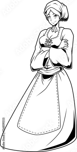 Mittelalterliche Frau mit Haube und Schürze, traditionelle Kleidung, stehende Pose.