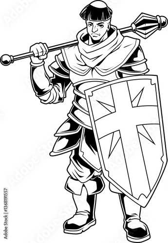 Kleriker mit Schild und Streitkolben, in Rüstung, religiöser Kämpfer im Mittelalter-Stil.