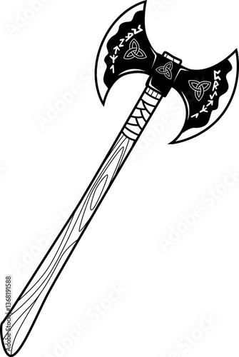 Verzierte Doppelaxt mit keltischen Symbolen – kraftvolle Waffe und spirituelles Zeichen zugleich.