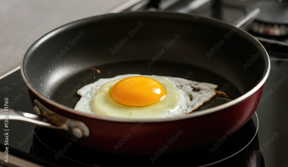 Fried egg cooking in non-stick pan on stovetop Fried egg cooking in non-stick pan on stovetop