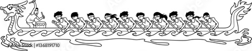 Traditionelles Drachenboot mit Ruderern, dynamische Darstellung eines asiatischen Wasserfestes.