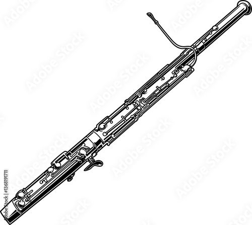 Fagott mit detailreicher Klappenmechanik und S-Bogen – tiefes Holzblasinstrument mit warmem, charakteristischem Klang.