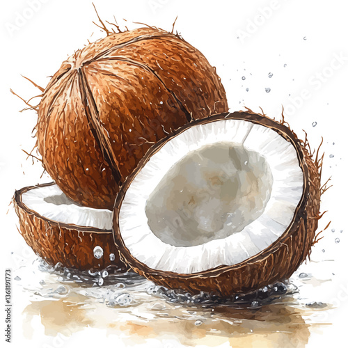 A watercolor of a coconut, isolated on a white background. Coconut vector.

