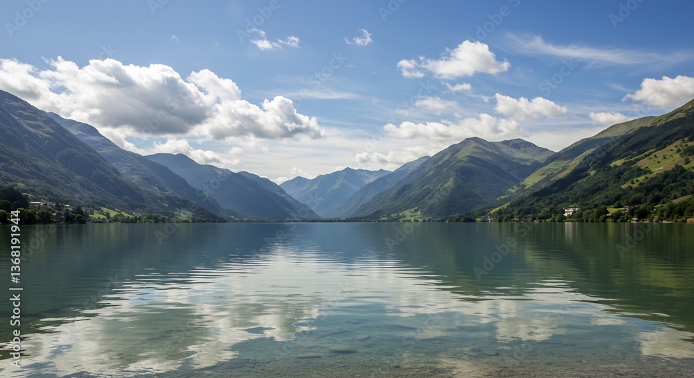 Obraz premium Serene mountain lake reflects bright sunlight. AI Generated