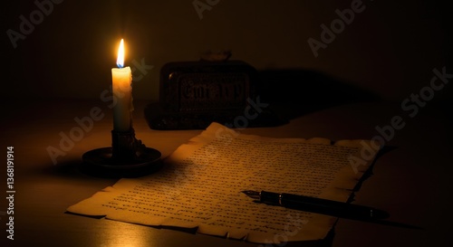 Vintage letter and pen by candlelight, evoking classic, historical mood