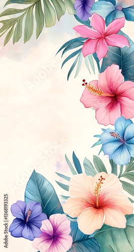 Floral Watercolor Design Hibiscus and Tropical Leaves Artistic Pattern