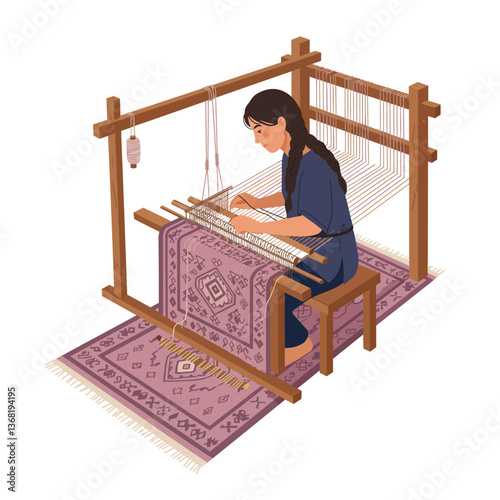 Woman weaving a colorful rug on a loom in flat vector art