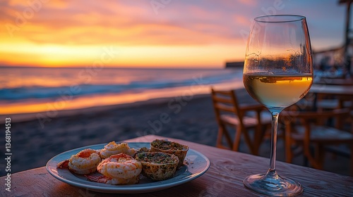 Enjoying seafood tapas and white wine at a beach cafe in Cadiz during golden hour photo