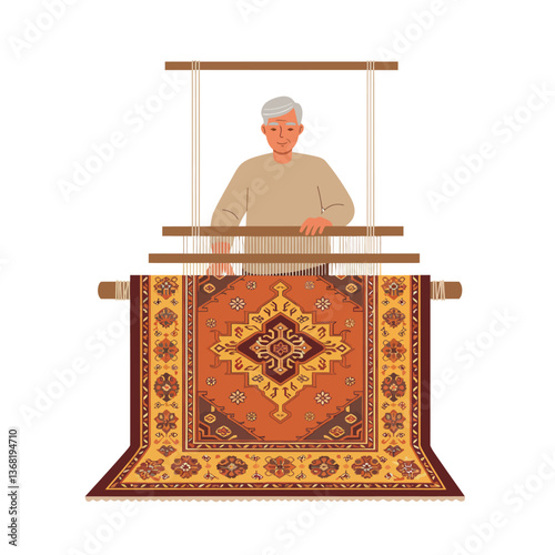 Elderly artisan weaving intricate traditional rug in minimal vector art