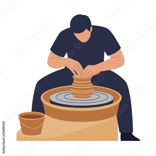 Potter shaping clay on wheel in flat vector art style
