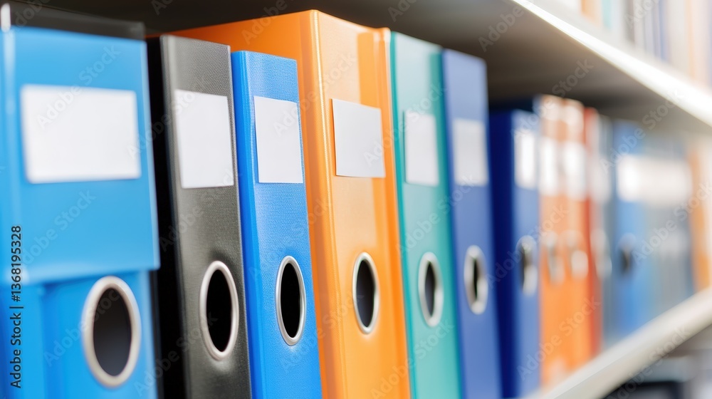 A colorful arrangement of office folders on a shelf, showcasing various colors and organized storage solutions for documents, health info records management. A colorful arrangement of office folders on a shelf, showcasing various colors and organized storage solutions for documents, health info records management.