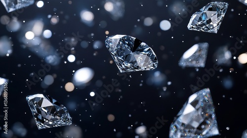 Shiny, clear diamonds sparkle and float in the air against a dark background. This 3D image shows luxury, riches, and the jewelry business.