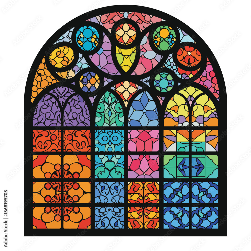 Colorful stained glass window design in flat style featuring intricate patterns vector art