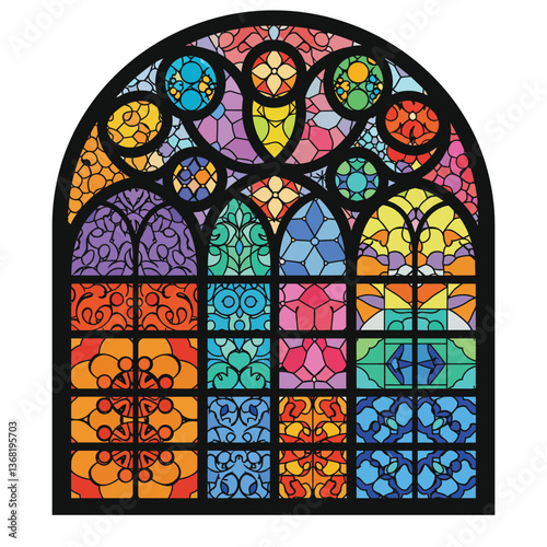 Colorful stained glass window design in flat style featuring intricate patterns vector art