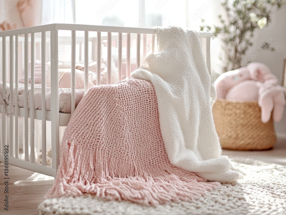 cozy baby nursery with soft white crib pink blankets and sunlight streaming through window