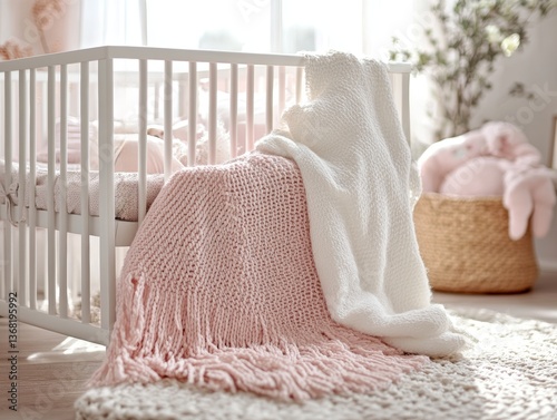 Obraz na płótnie cozy baby nursery with soft white crib pink blankets and sunlight streaming through window w salonie