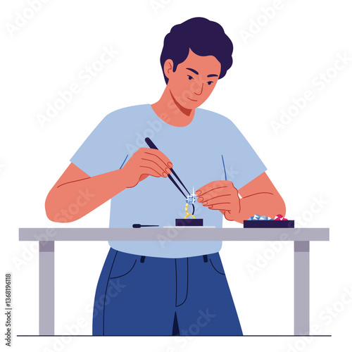 Young man conducting a science experiment in minimal vector art style vector illustration
