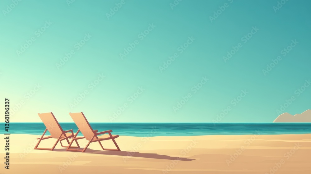 Tranquil Beach Scene with Two Relaxing Chairs Facing Calm Ocean and Clear Sky in Serene Coastal Landscape for Dreamy Vacation Inspiration Tranquil Beach Scene with Two Relaxing Chairs Facing Calm Ocean and Clear Sky in Serene Coastal Landscape for Dreamy Vacation Inspiration