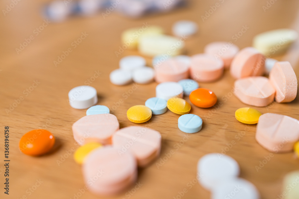 Various colorful pills scattered on wooden table