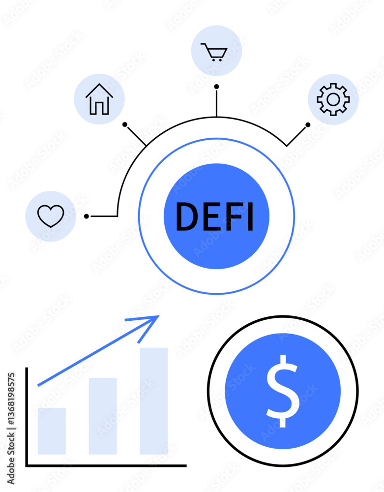 DEFI network hub with icons representing home, shopping, gear, and heart. Growth chart and currency symbol highlight opportunities. Ideal for finance, technology, network, economy innovation DEFI network hub with icons representing home, shopping, gear, and heart. Growth chart and currency symbol highlight opportunities. Ideal for finance, technology, network, economy innovation