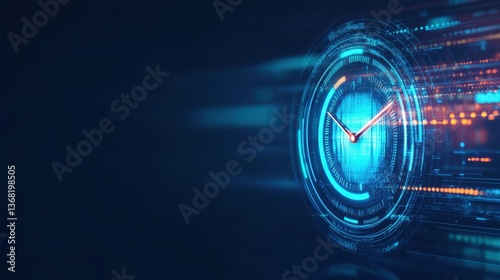 Futuristic Digital Clock with Neon Elements Displaying Time in a High-Tech Environment Featuring Data Streams and Motion Blur Effects