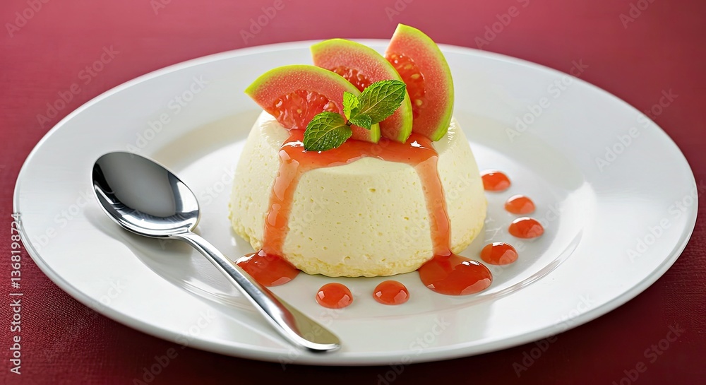 A Creamy Guava Mousse Topped With Fresh Guava Slices and a Drizzle of Fruit Syrup A Creamy Guava Mousse Topped With Fresh Guava Slices and a Drizzle of Fruit Syrup