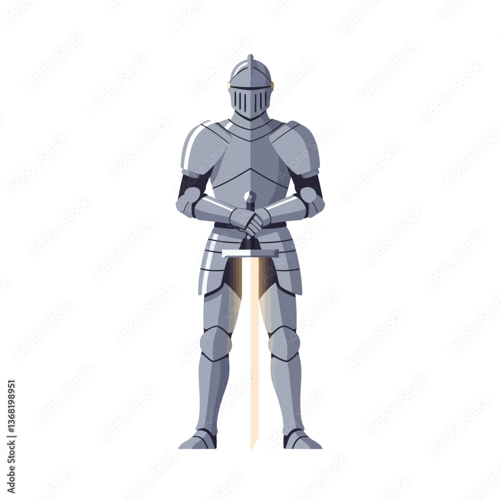 Knight in shining armor standing confidently with sword detailed vector illustration