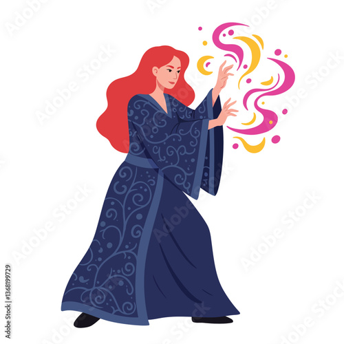 Woman casting colorful magic spells in detailed flat style vector art