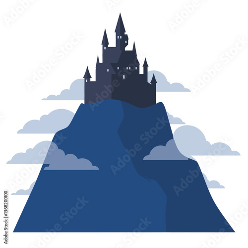 Dark castle perched on a mountain with clouds in a flat vector illustration