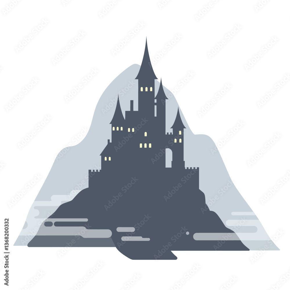 Dark castle silhouette on a mountain with soft colors in flat vector art Dark castle silhouette on a mountain with soft colors in flat vector art