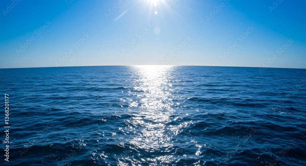 Fototapeta premium Bright sun glints brilliantly on calm blue ocean. AI Generated