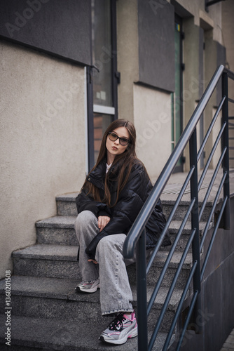 Stylish young woman in a black jacket on a city street on a cool day