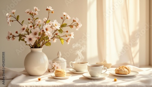 Cozy morning with tea, cookies, and flowers.