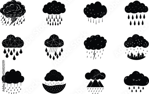 Rain Cloud Icons Weather, Storm, Silhouette, Precipitation, Design